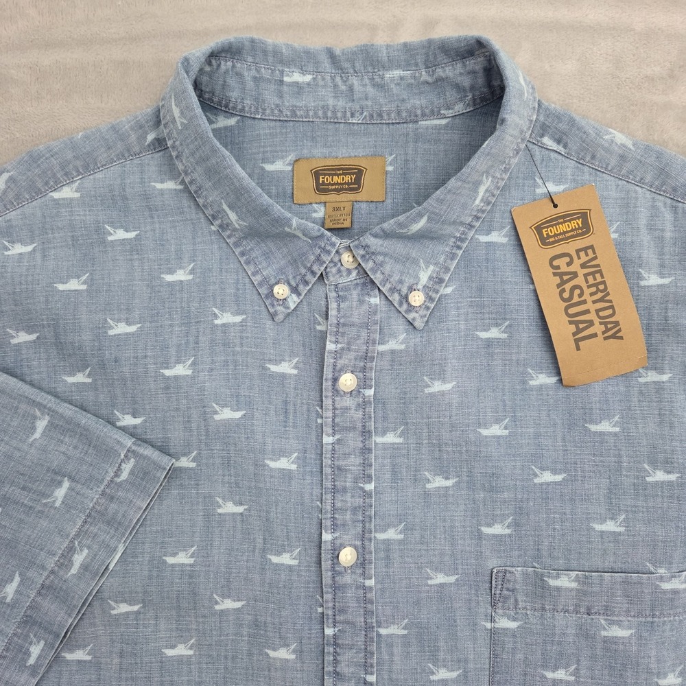 Foundry Supply & Co Chambray Button Up Mens 3XLT AOP Fishing Boats Short Sleeve